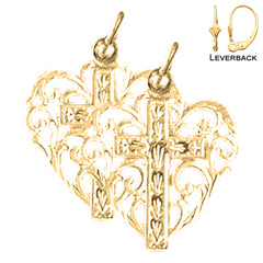 Pendientes de corazón con cruz de plata de ley de 22 mm (chapados en oro blanco o amarillo)