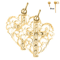 Pendientes de corazón con cruz de plata de ley de 22 mm (chapados en oro blanco o amarillo)