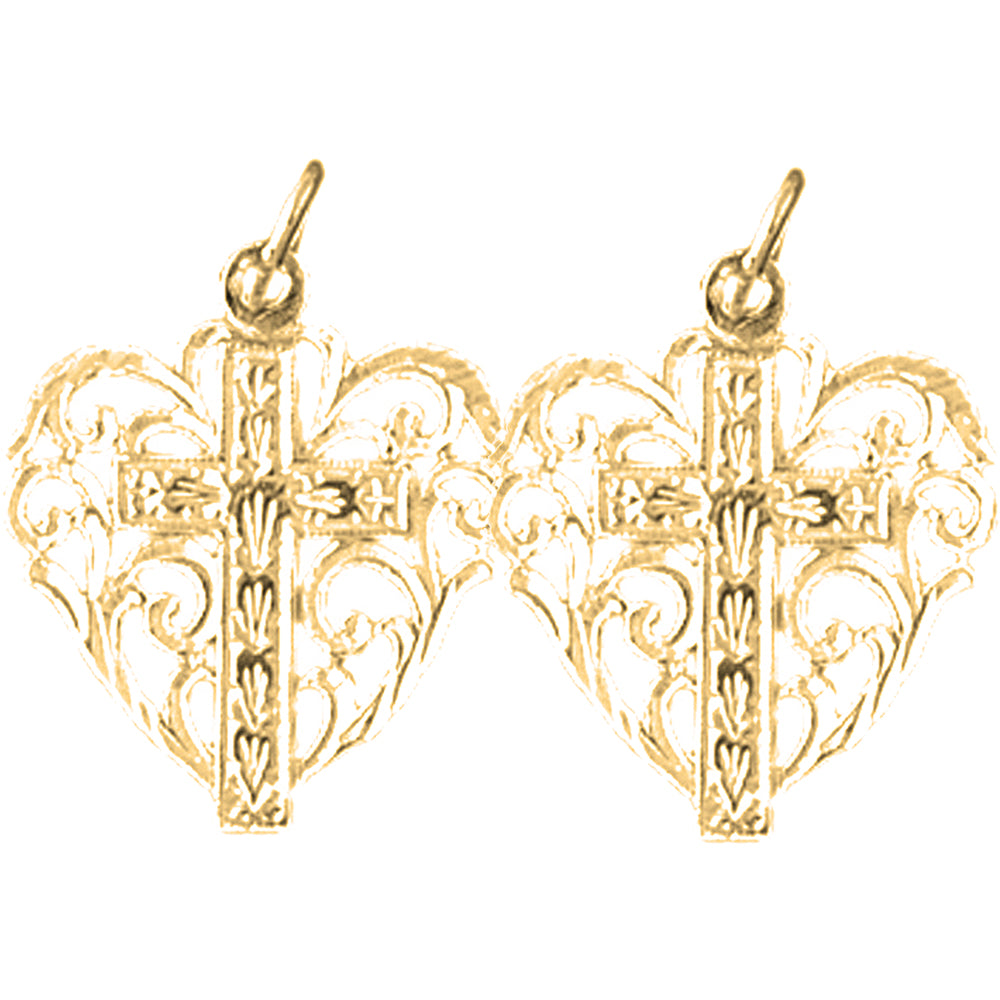 Yellow Gold-plated Silver 22mm Heart With Cross Earrings