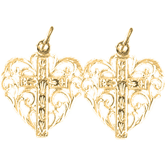 Yellow Gold-plated Silver 22mm Heart With Cross Earrings