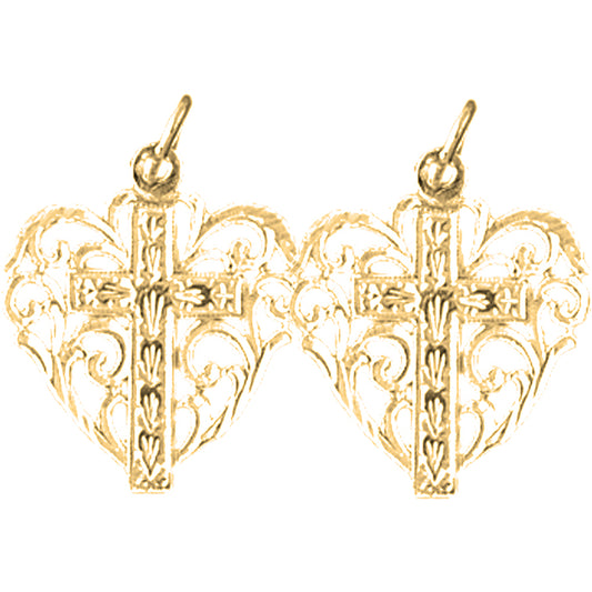 14K or 18K Gold 22mm Heart With Cross Earrings