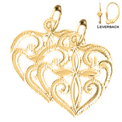 Pendientes de corazón con cruz de plata de ley de 20 mm (chapados en oro blanco o amarillo)