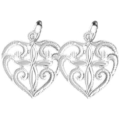 Sterling Silver 20mm Heart With Cross Earrings