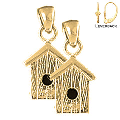 Sterling Silver 20mm Bird House Earrings (White or Yellow Gold Plated)