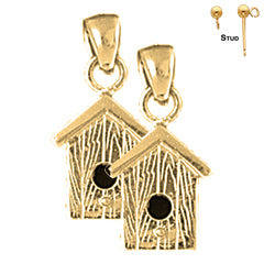 Sterling Silver 20mm Bird House Earrings (White or Yellow Gold Plated)