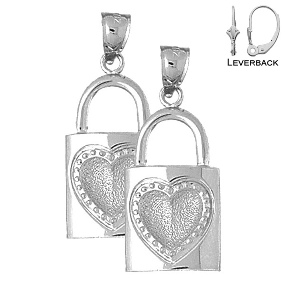 Sterling Silver 34mm Lock With Key Earrings (White or Yellow Gold Plated)