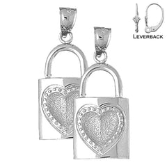 Sterling Silver 34mm Lock With Key Earrings (White or Yellow Gold Plated)