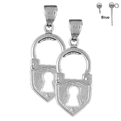 Pendientes con candado de corazón de plata de ley de 34 mm (chapados en oro blanco o amarillo)