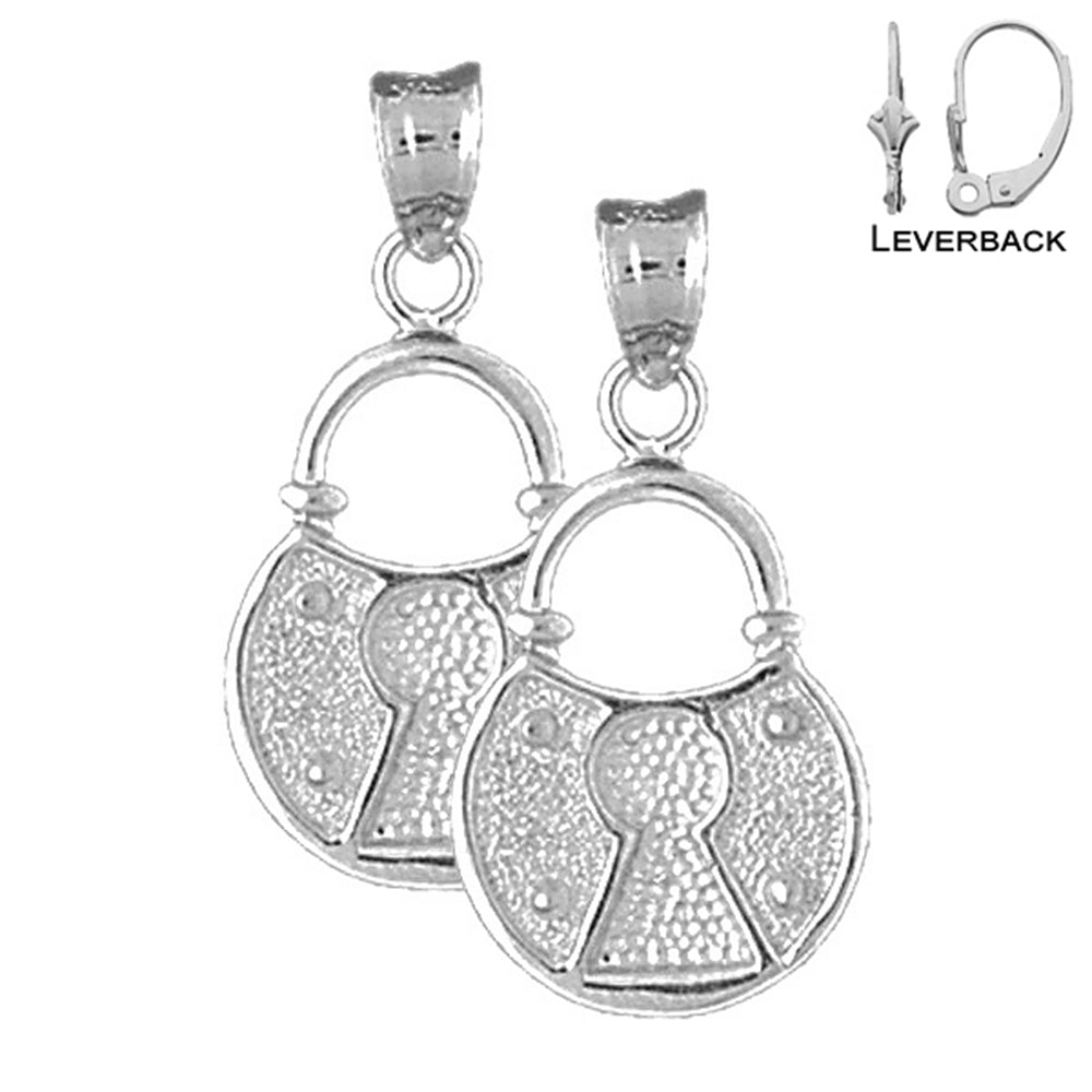 Sterling Silver 27mm Padlock, Lock Earrings (White or Yellow Gold Plated)