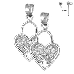 Pendientes con candado de corazón de plata de ley de 26 mm (chapados en oro blanco o amarillo)