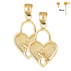 Pendientes con candado de corazón de plata de ley de 26 mm (chapados en oro blanco o amarillo)