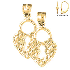 14K or 18K Gold Heart Padlock, Lock Earrings