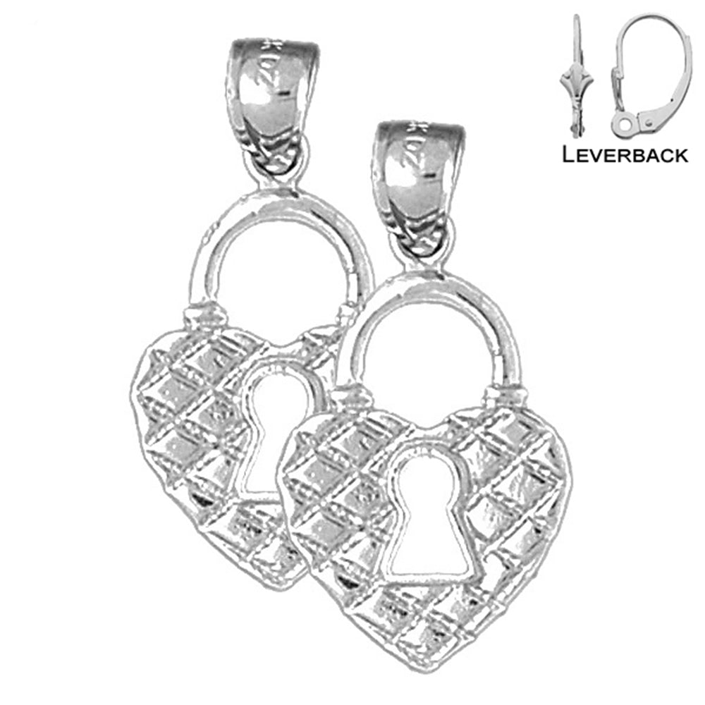 Sterling Silver 29mm Heart Padlock, Lock Earrings (White or Yellow Gold Plated)