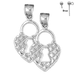 Sterling Silver 29mm Heart Padlock, Lock Earrings (White or Yellow Gold Plated)