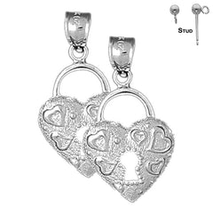 Pendientes con candado de corazón de plata de ley de 30 mm (chapados en oro blanco o amarillo)