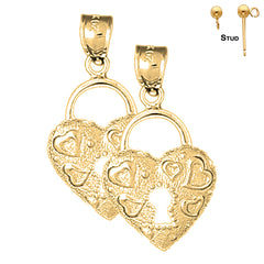 30 mm Herz-Vorhängeschloss, Schloss-Ohrringe aus Sterlingsilber (weiß- oder gelbvergoldet)