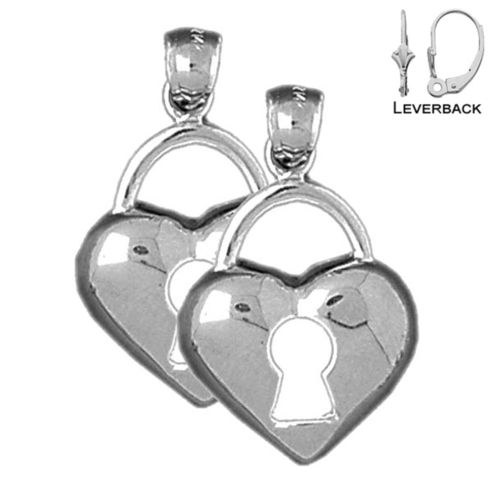 Pendientes con candado de corazón de plata de ley de 26 mm (chapados en oro blanco o amarillo)