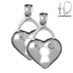 Sterling Silver 26mm Heart Padlock, Lock Earrings (White or Yellow Gold Plated)