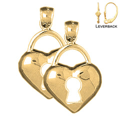 Pendientes con candado de corazón de plata de ley de 26 mm (chapados en oro blanco o amarillo)