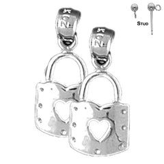 Sterling Silver 19mm Heart Padlock, Lock Earrings (White or Yellow Gold Plated)