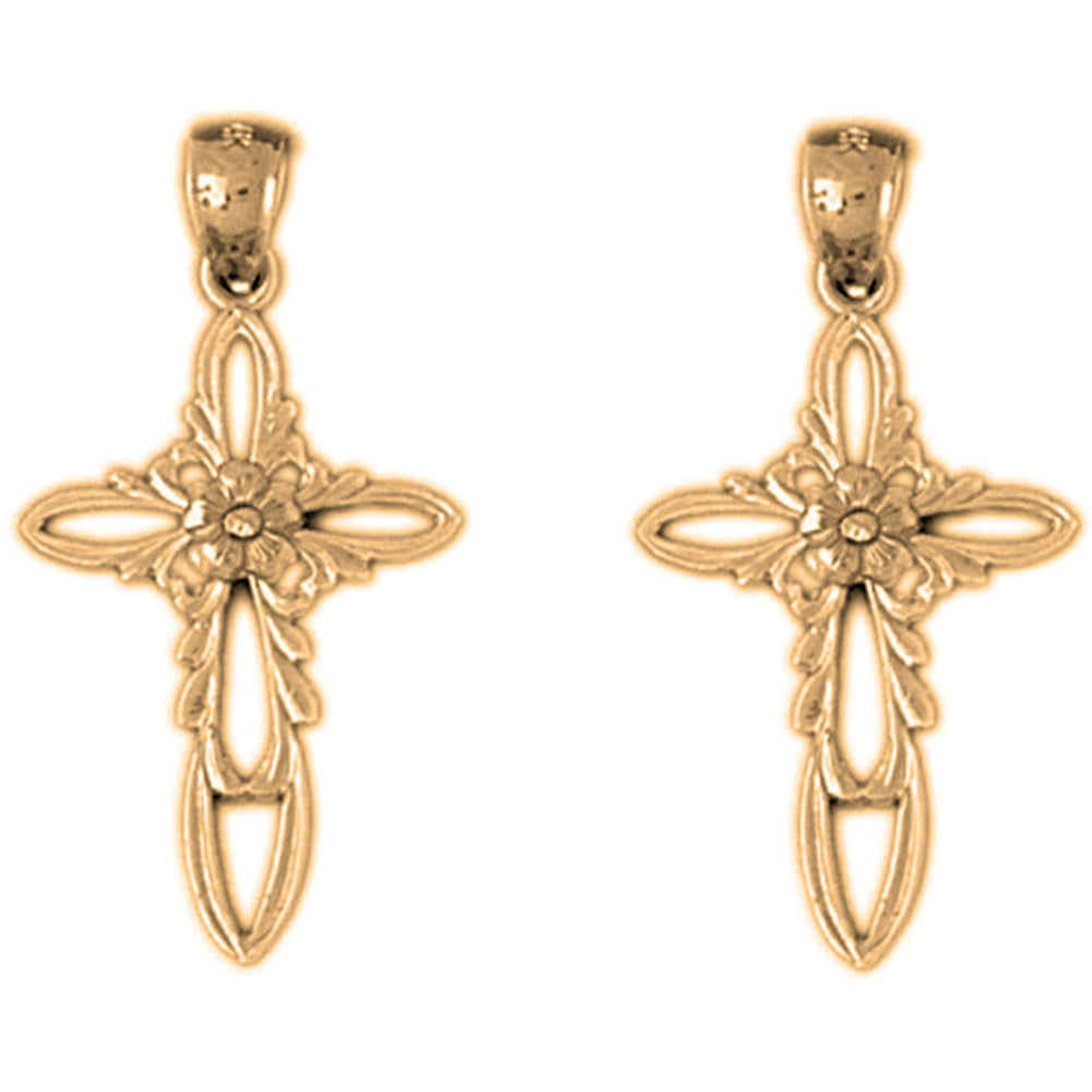 Yellow Gold-plated Silver 31mm Rose and Cross Earrings