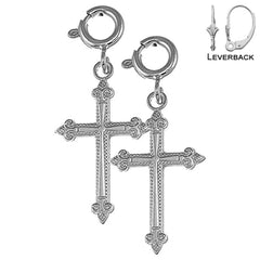 Sterling Silver 24mm Fleur de Lis Cross Earrings (White or Yellow Gold Plated)