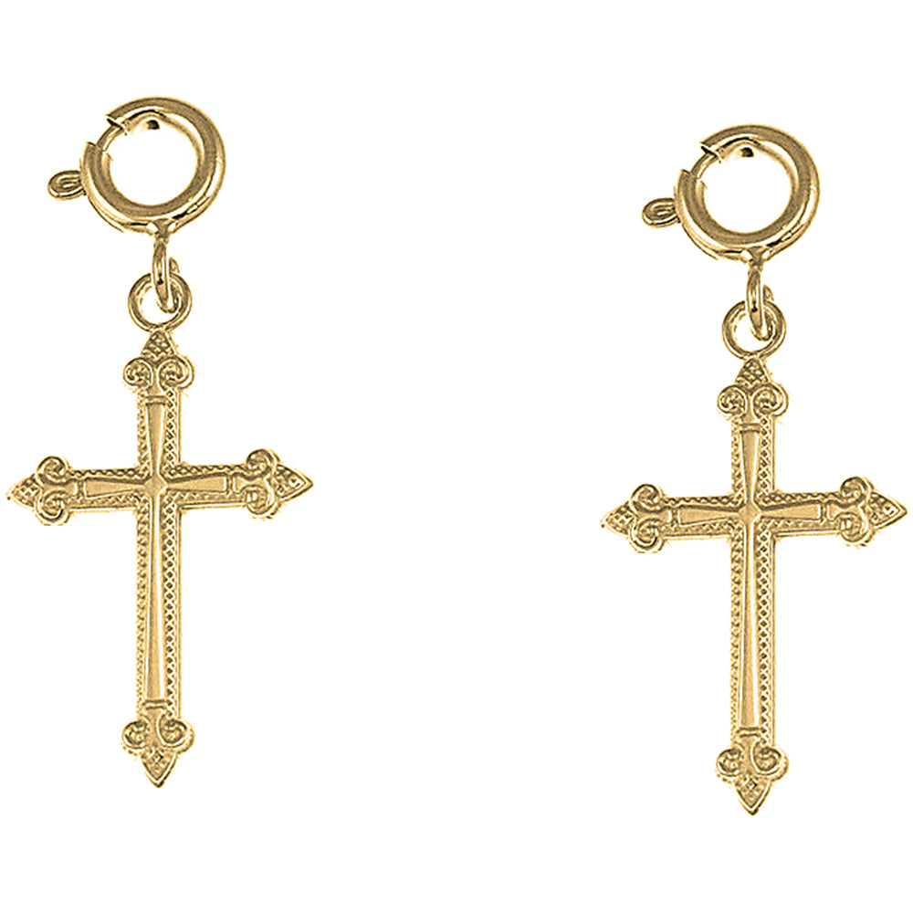 Yellow Gold-plated Silver 24mm Fleur de Lis Cross Earrings