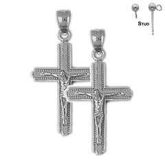 Sterling Silver 34mm Latin Crucifix Earrings (White or Yellow Gold Plated)