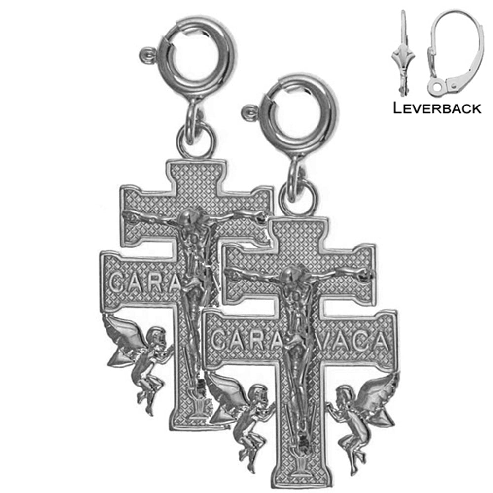 Sterling Silver 27mm Caravaca Crucifix Earrings (White or Yellow Gold Plated)