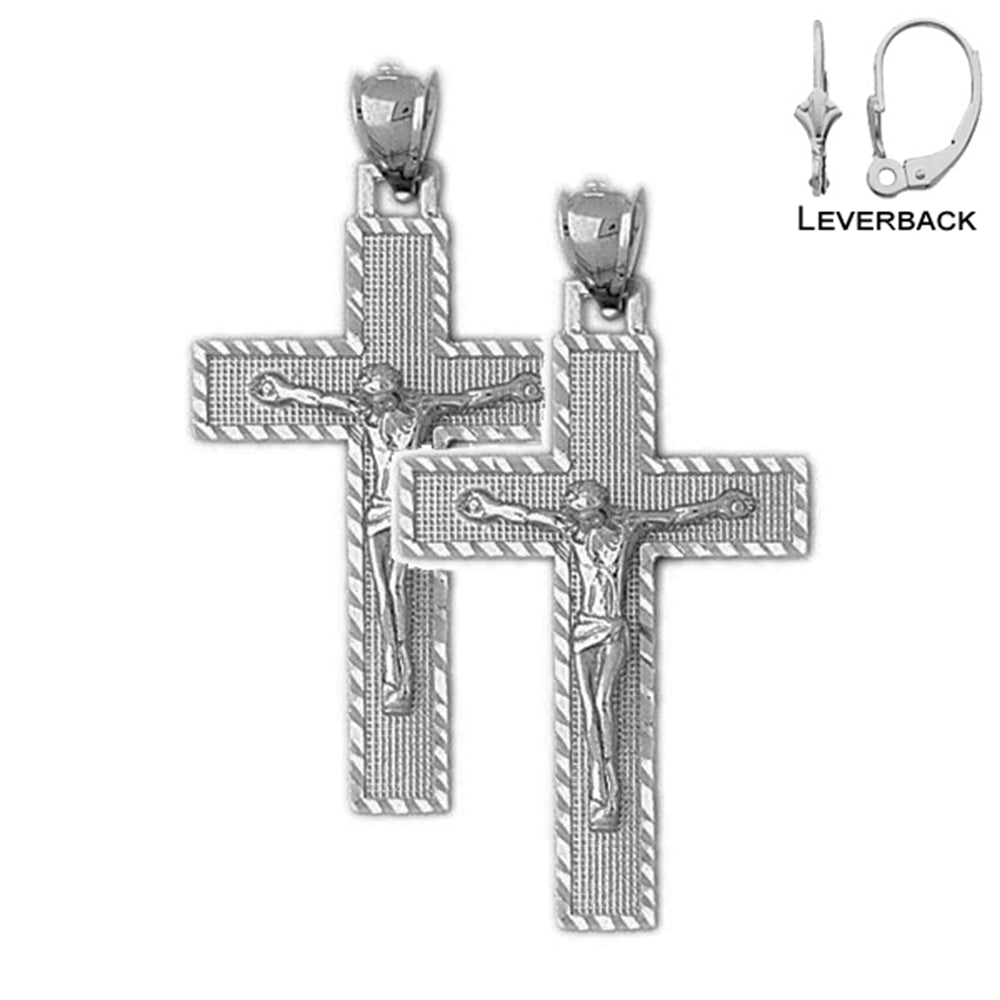 Pendientes de crucifijo latino de plata de ley de 43 mm (chapados en oro blanco o amarillo)