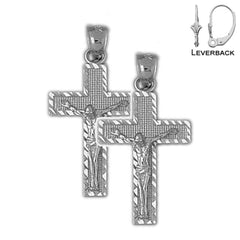 Pendientes de crucifijo latino de plata de ley de 30 mm (chapados en oro blanco o amarillo)