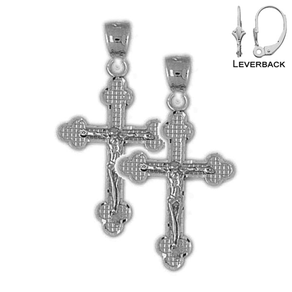 Sterling Silver 31mm Budded Crucifix Earrings (White or Yellow Gold Plated)