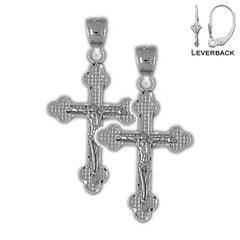 Sterling Silver 31mm Budded Crucifix Earrings (White or Yellow Gold Plated)