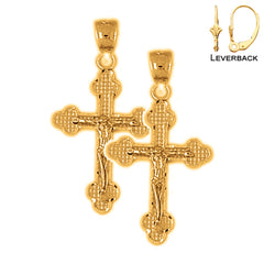 Sterling Silver 31mm Budded Crucifix Earrings (White or Yellow Gold Plated)