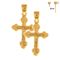 Sterling Silver 31mm Budded Crucifix Earrings (White or Yellow Gold Plated)