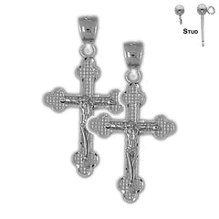 Sterling Silver 31mm Budded Crucifix Earrings (White or Yellow Gold Plated)