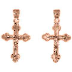 14K or 18K Gold 31mm Budded Crucifix Earrings