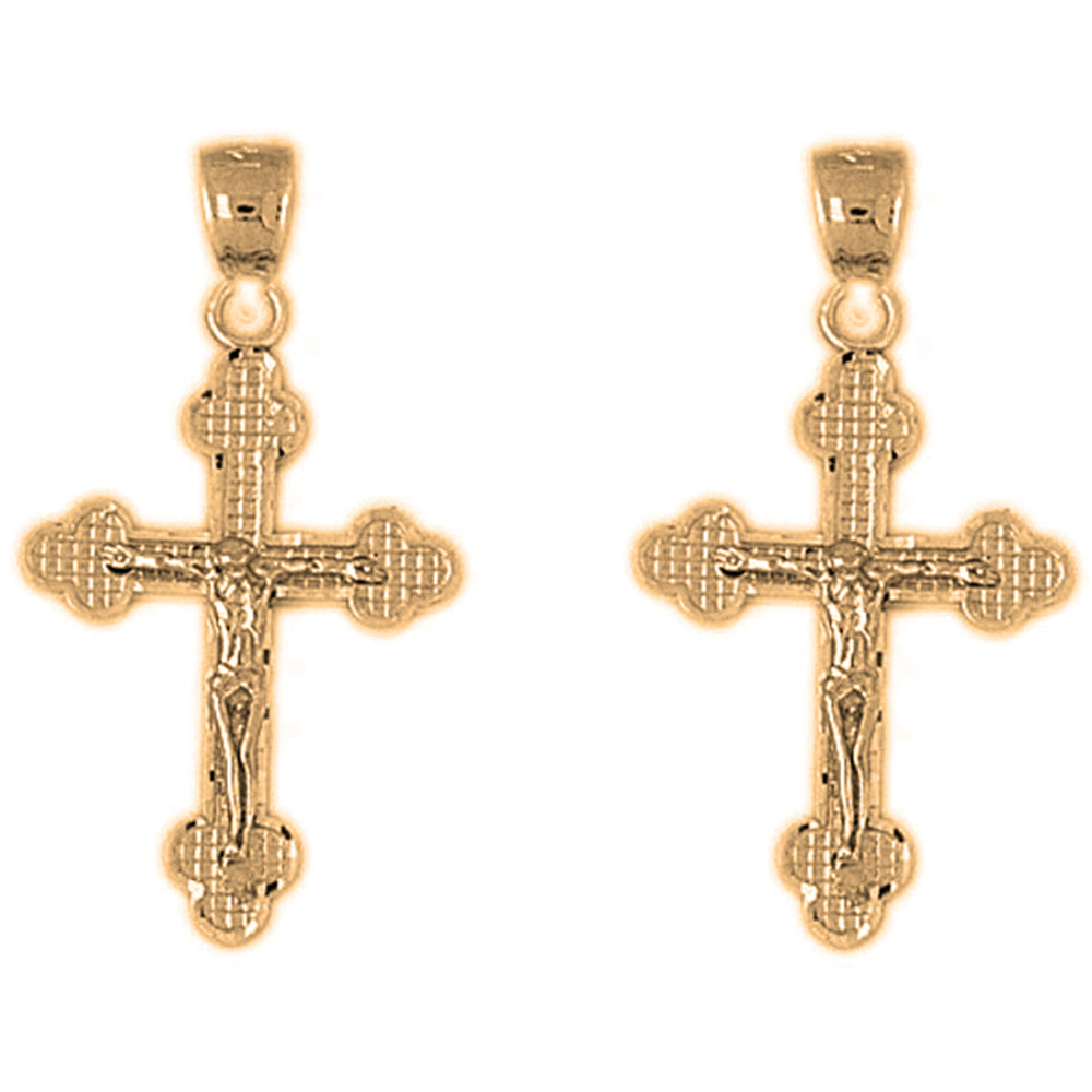 Yellow Gold-plated Silver 31mm Budded Crucifix Earrings