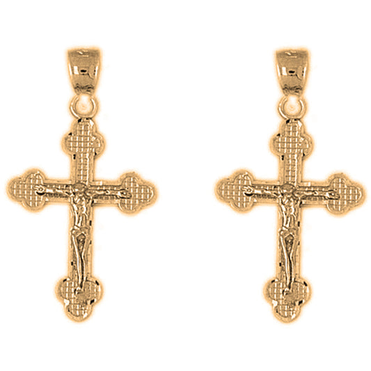 Yellow Gold-plated Silver 31mm Budded Crucifix Earrings