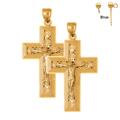 Sterling Silver 47mm Vine Crucifix Earrings (White or Yellow Gold Plated)