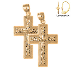 Sterling Silver 36mm Vine Crucifix Earrings (White or Yellow Gold Plated)