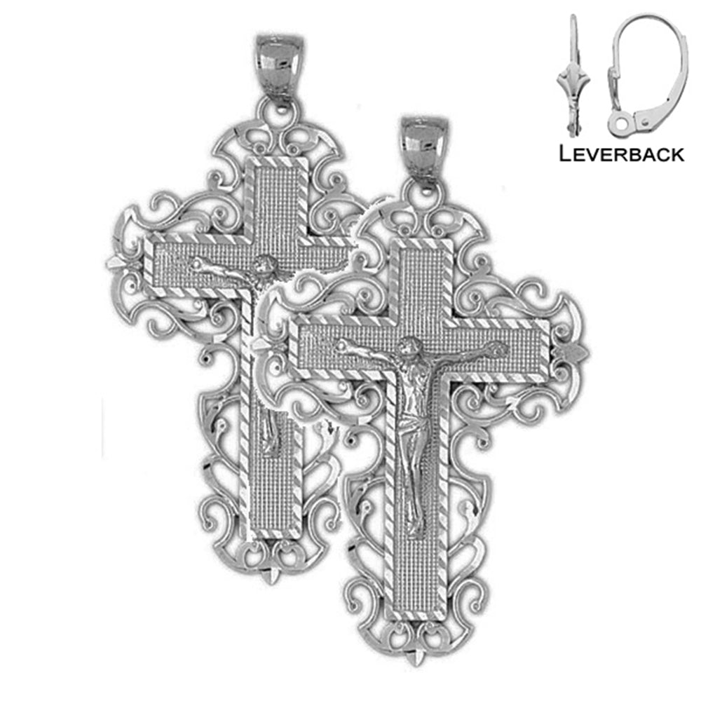 Sterling Silver 53mm Vine Crucifix Earrings (White or Yellow Gold Plated)