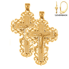 Sterling Silver 53mm Vine Crucifix Earrings (White or Yellow Gold Plated)