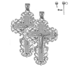 Sterling Silver 53mm Vine Crucifix Earrings (White or Yellow Gold Plated)