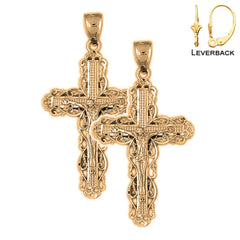 Sterling Silver 45mm Vine Crucifix Earrings (White or Yellow Gold Plated)