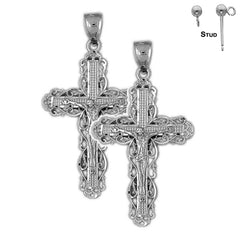 Sterling Silver 45mm Vine Crucifix Earrings (White or Yellow Gold Plated)