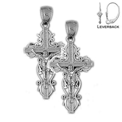 Sterling Silver 31mm Vine Crucifix Earrings (White or Yellow Gold Plated)