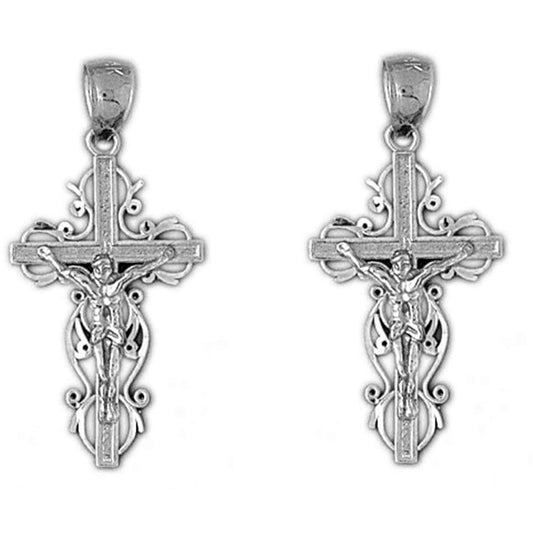 Sterling Silver 31mm Vine Crucifix Earrings