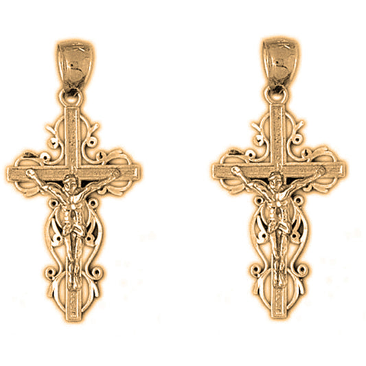 Yellow Gold-plated Silver 31mm Vine Crucifix Earrings