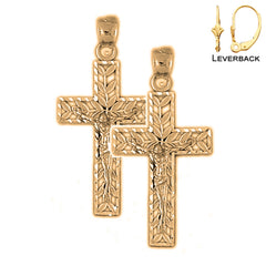 Sterling Silver 34mm Vine Crucifix Earrings (White or Yellow Gold Plated)